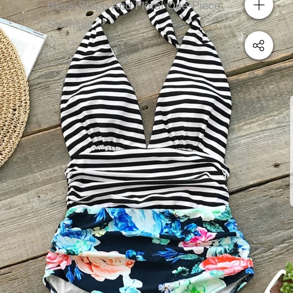 Black striped and floral halter one piece bathing